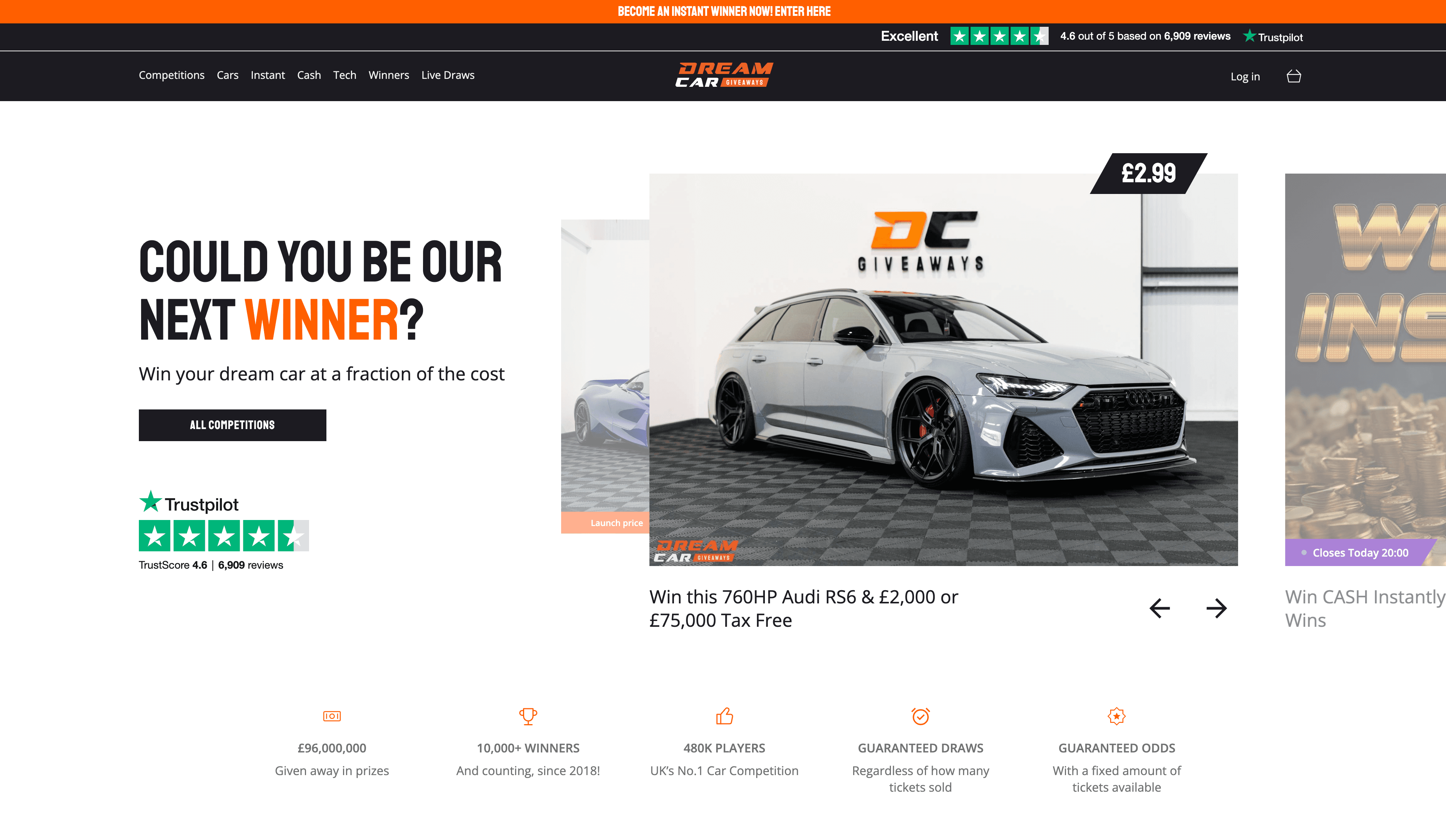 Dream Car Giveaways desktop website